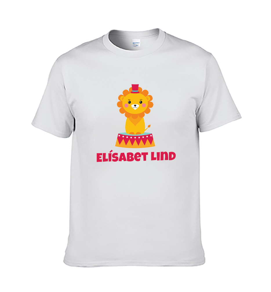 Barnabolur - með Sirkús Ljóni og nafni barnsins - Hvítur bolur