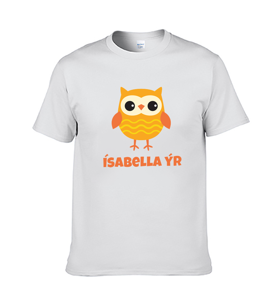 Barnabolur - með Uglu og nafni barnsins - Hvítur bolur