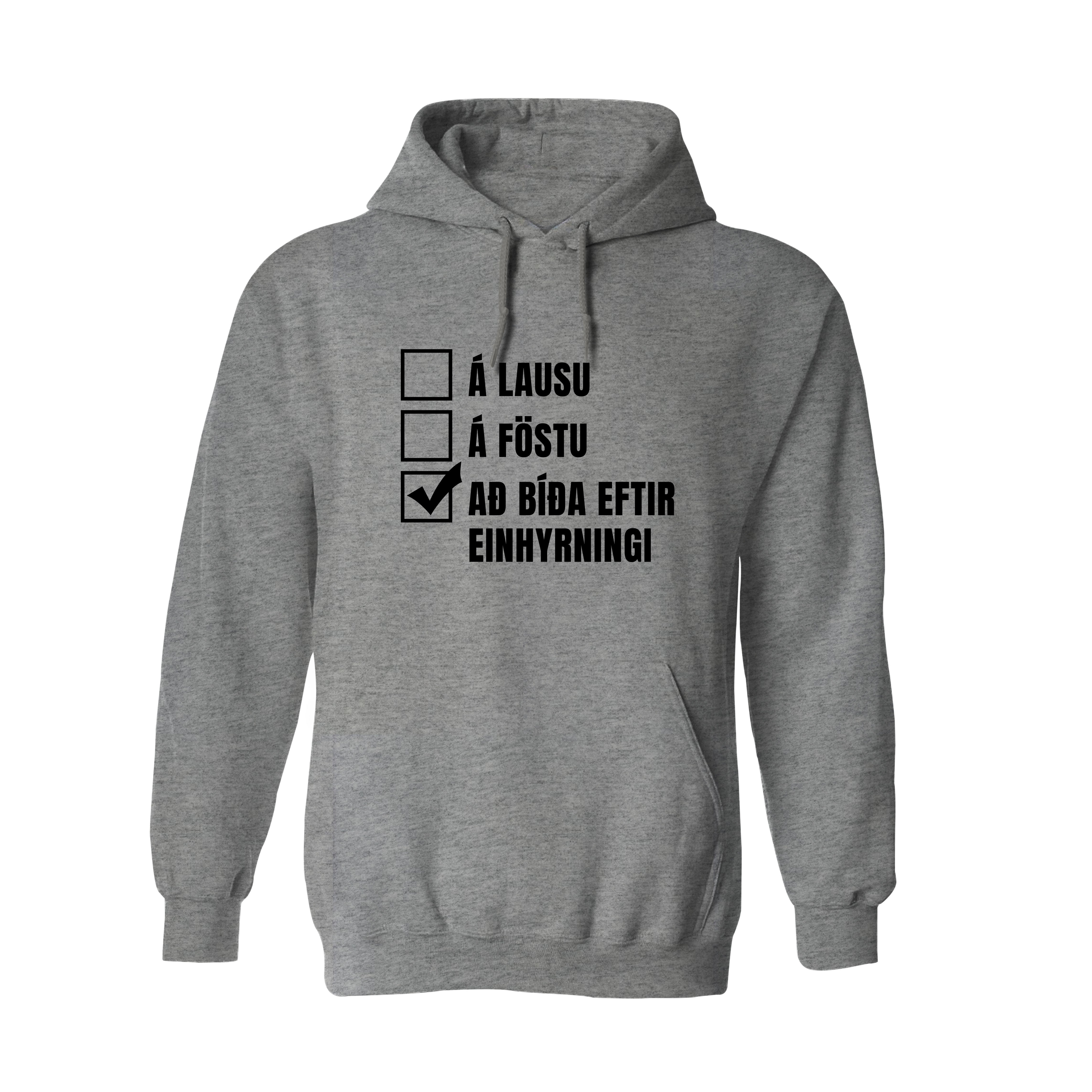 Á LAUSUÁ FÖSTU BÍÐA EFTIR EINHYRNINGI - Hettupeysa - Grá