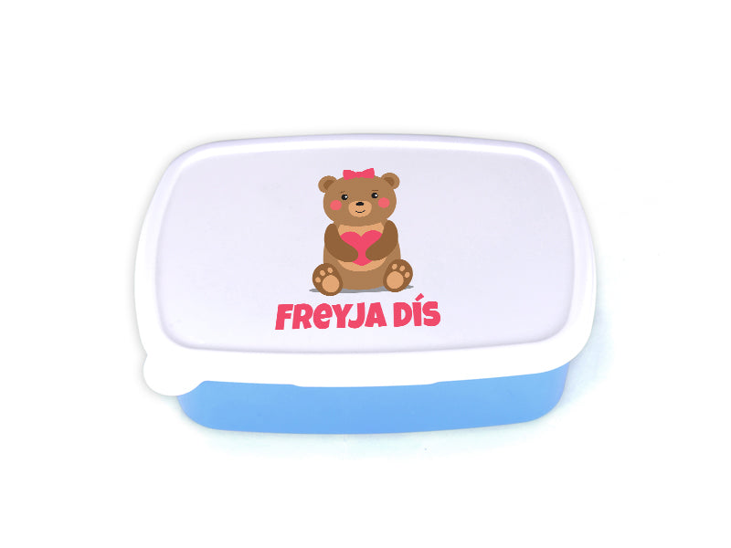 Nestisbox blátt með hjarta bangsa og nafni barnsins