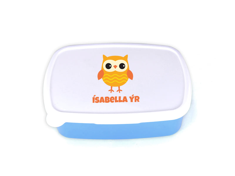 Nestisbox blátt með Uglu og nafni barnsins