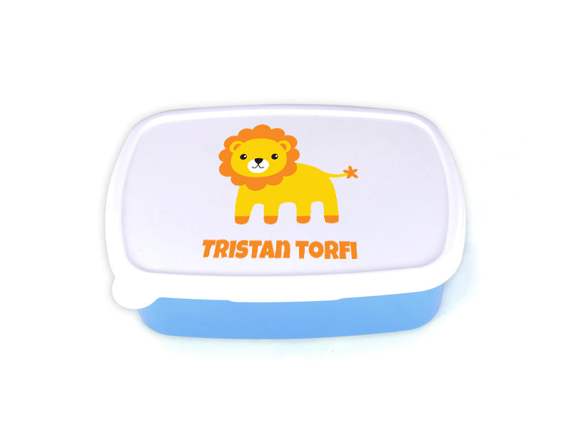 Nestisbox blátt með ljóni og nafni barnsins