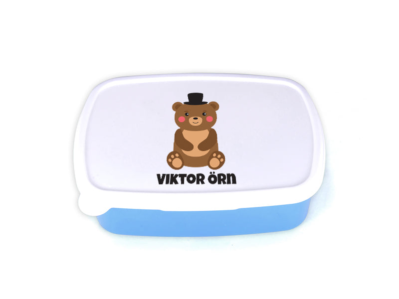 Nestisbox blátt með bangsa pabba og nafni barnsins