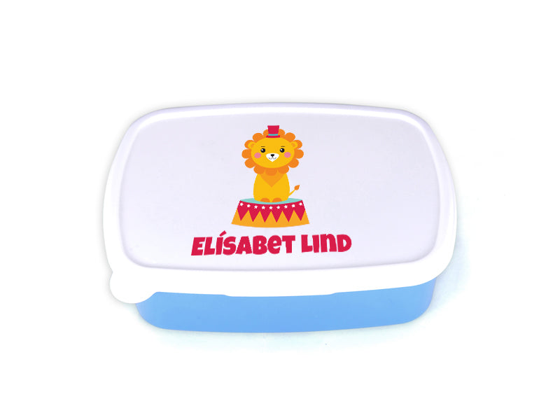 Nestisbox blátt með sirkus ljóni og nafni barnsins