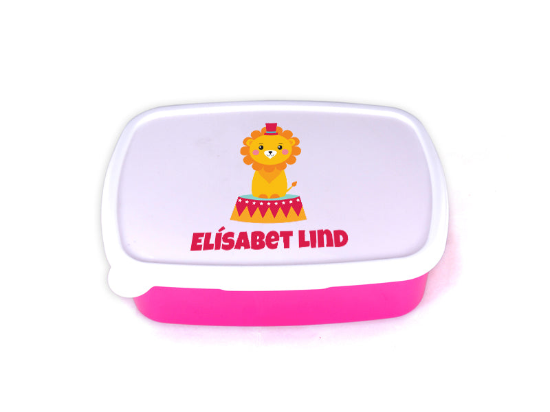 Nestisbox bleikt með sirkus ljóni og nafni barnsins