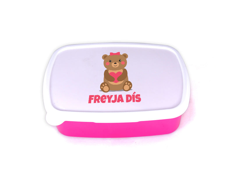 Nestisbox bleikt með hjarta bangsa og nafni barnsins