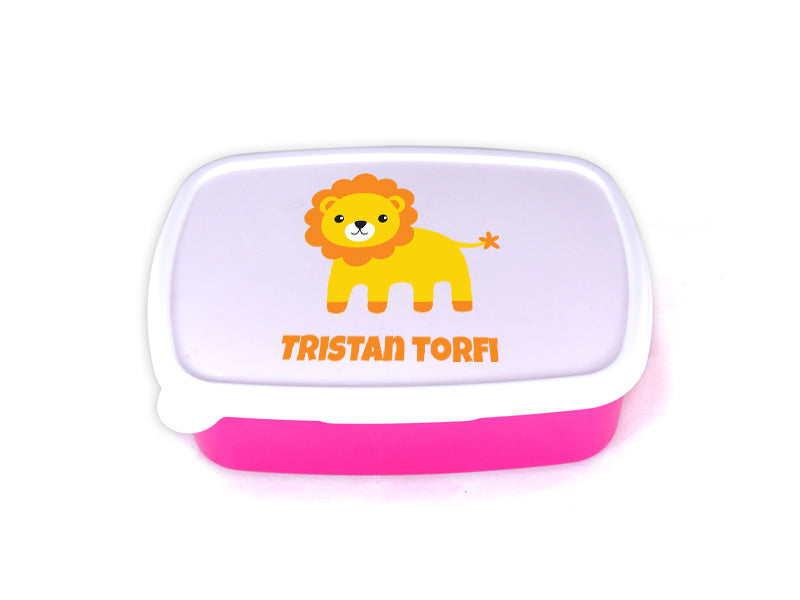 Nestisbox bleikt með ljóni og nafni barnsins