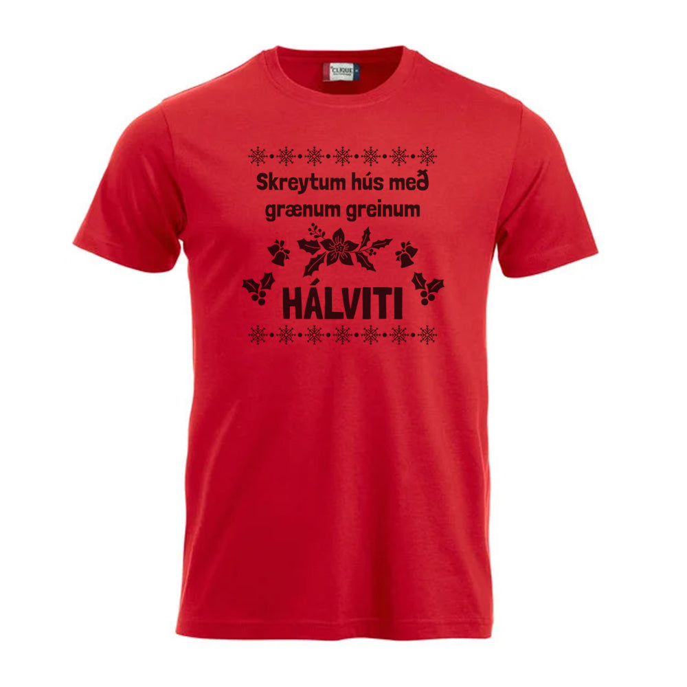 SKREYTUM HÚS MEÐ GREINU GRÆNUM - Rauður bolur