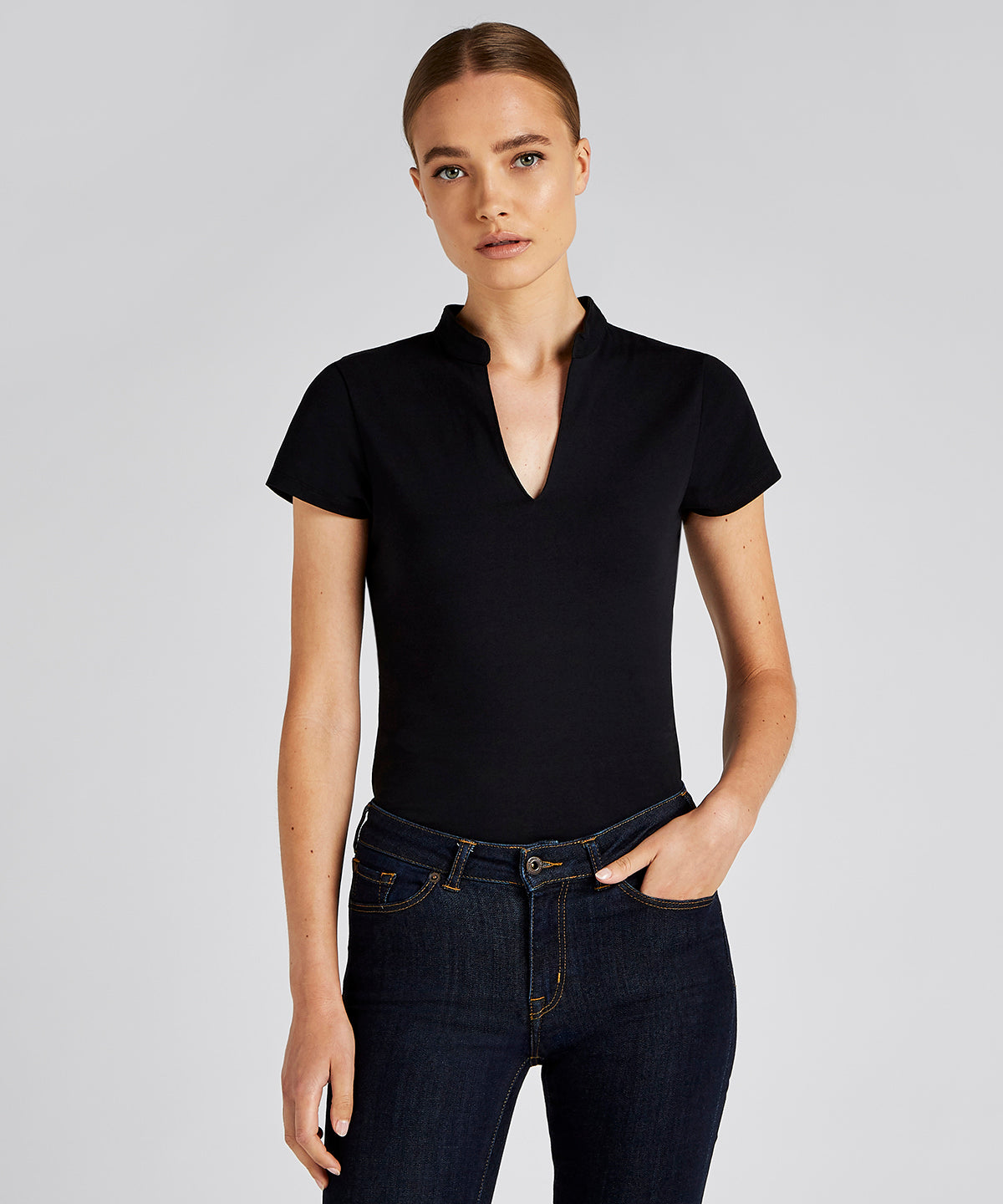 Stuttermabolir - Women's Corporate Short-sleeved Top V-neck Mandarin Collar (regular Fit)