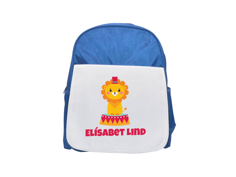 Blá taska með sirkus ljóni og nafni barnsins