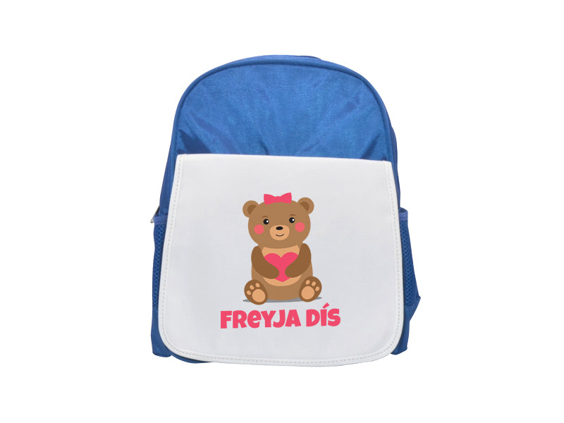 Blá taska með hjarta bangsa og nafni barnsins