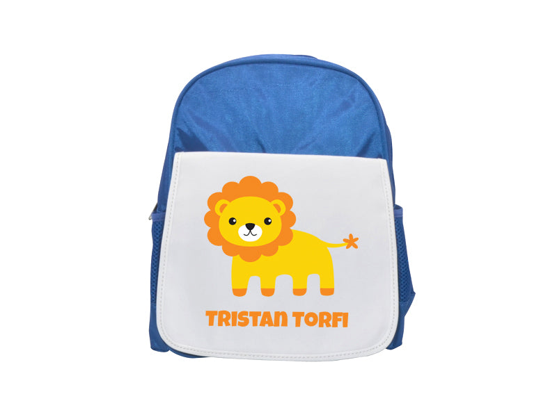 Blá taska með ljóni og nafni barnsins