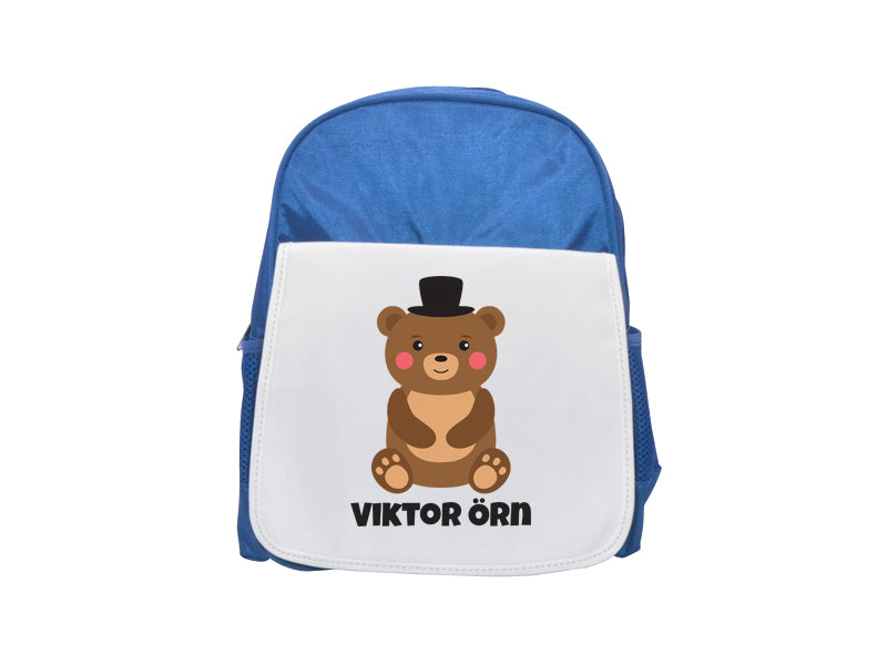 Blá taska með bangsa pabba og nafni barnsins