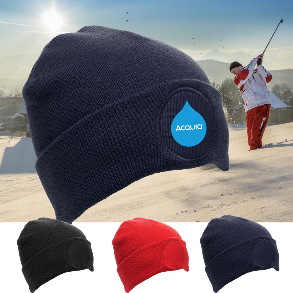 Circular Patched Beanie Hat with Embroidery