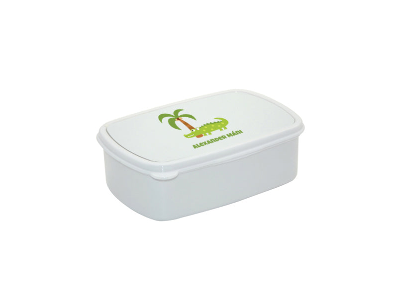 Hvítt nestisbox með krókódíl og nafni barnsins