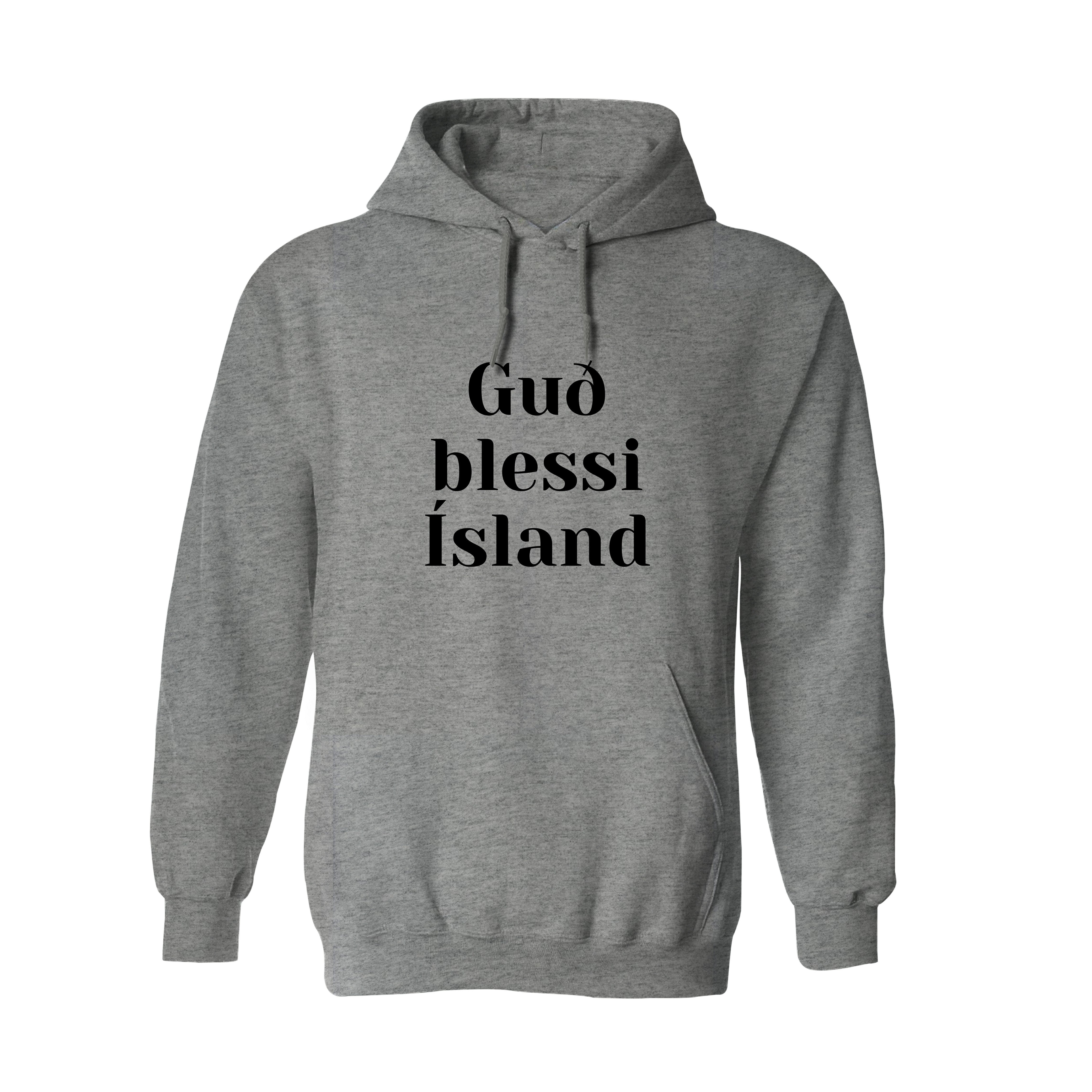 GUÐ BLESSI ÍSLAND - Hettupeysa - Grá